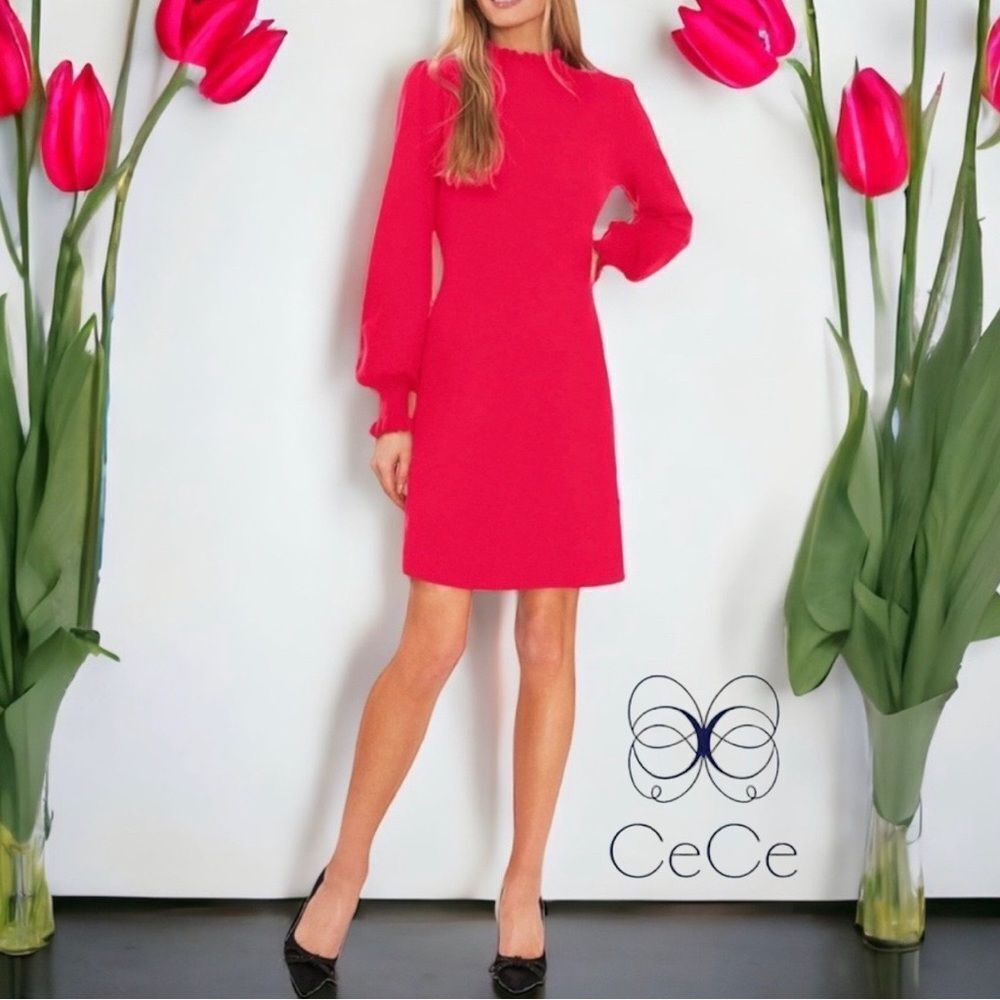 CeCe Fit and Flare Long Sleeve Fit Flare High Neck Sweater Dress